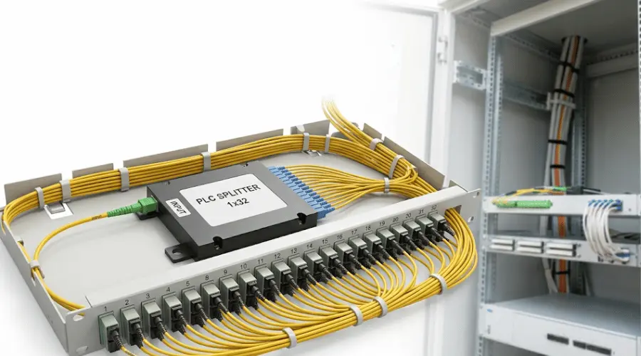 PLC splitter used in FTTH passive optical network for one-to-multiple fiber signal distribution